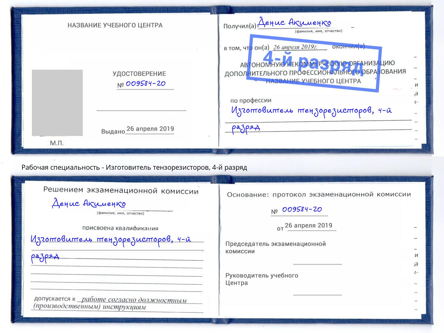 корочка 4-й разряд Изготовитель тензорезисторов Ейск