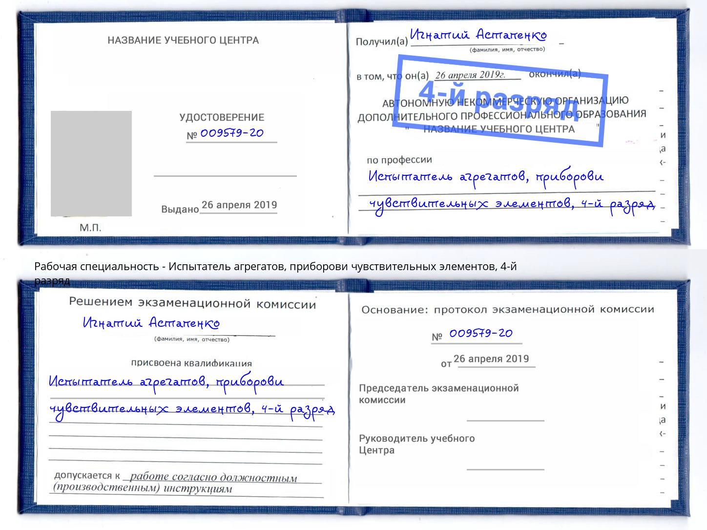 корочка 4-й разряд Испытатель агрегатов, приборови чувствительных элементов Ейск