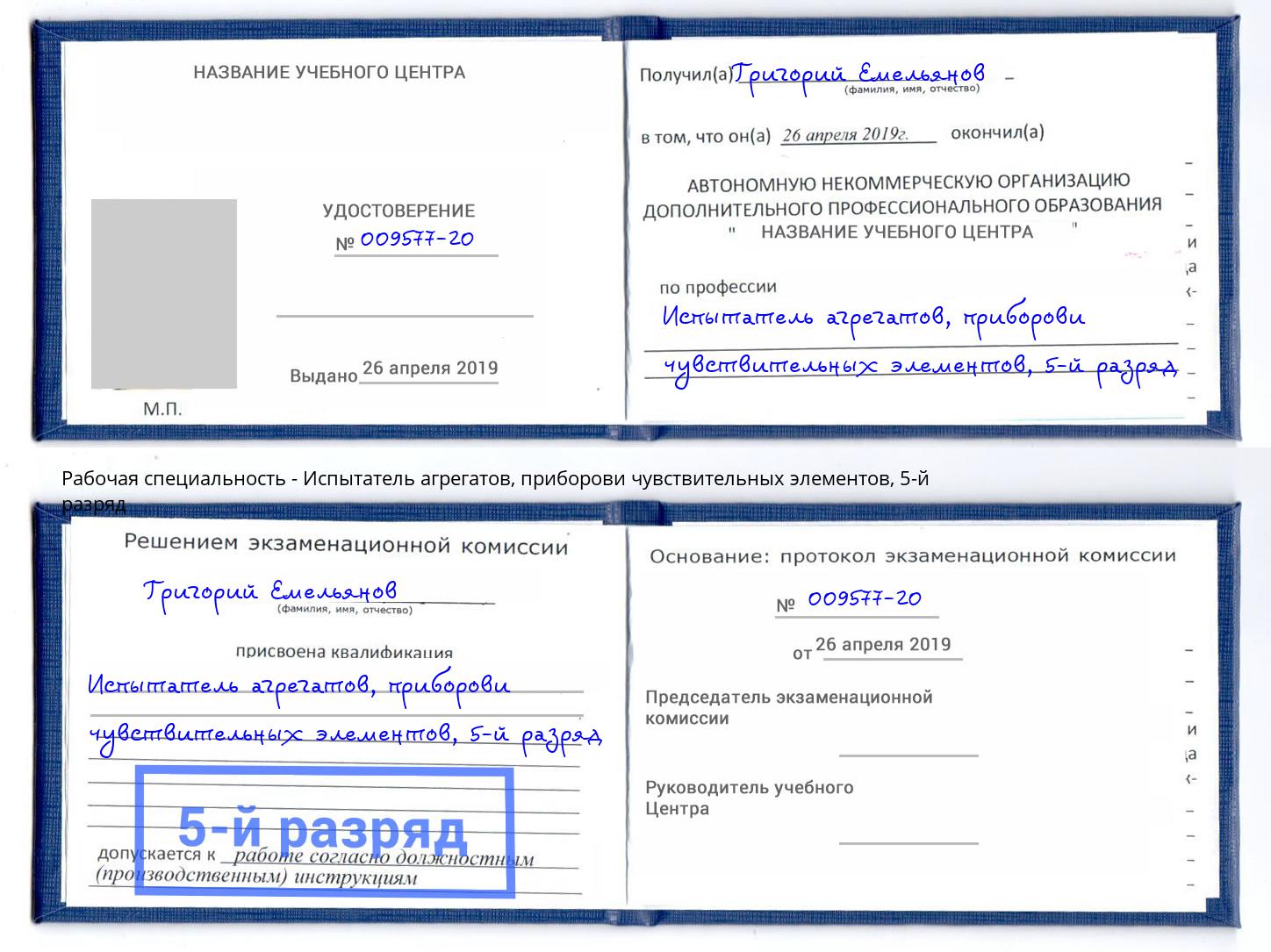 корочка 5-й разряд Испытатель агрегатов, приборови чувствительных элементов Ейск