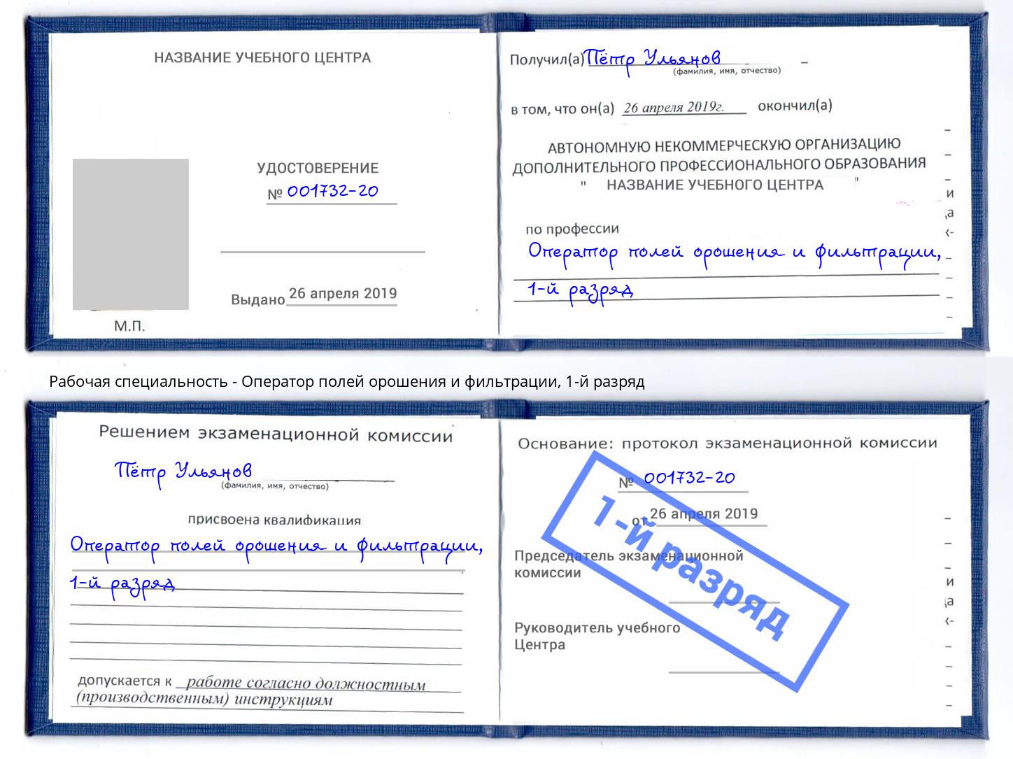 корочка 1-й разряд Оператор полей орошения и фильтрации Ейск