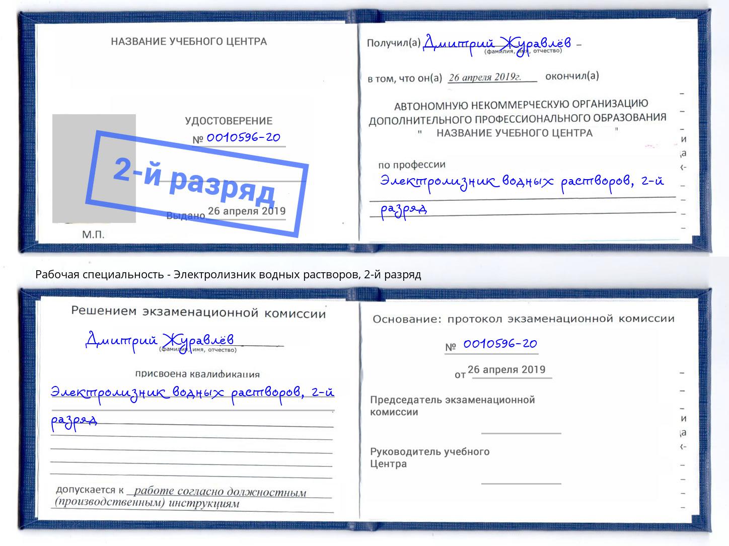 корочка 2-й разряд Электролизник водных растворов Ейск