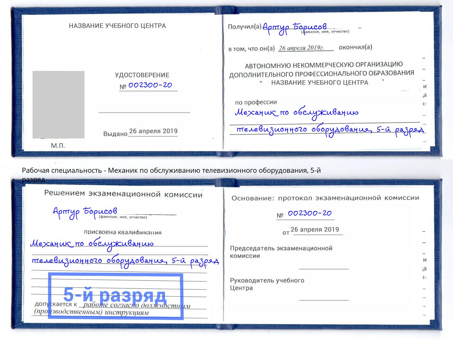 корочка 5-й разряд Механик по обслуживанию телевизионного оборудования Ейск