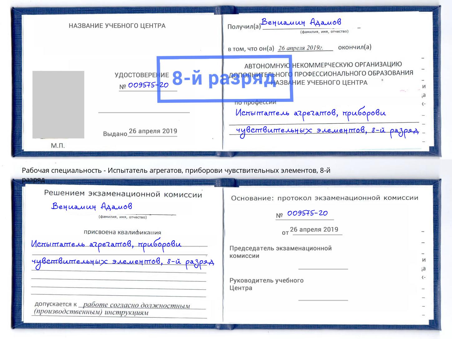 корочка 8-й разряд Испытатель агрегатов, приборови чувствительных элементов Ейск